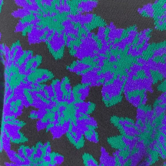 Vintage 90s Black Blue Floral Print High Neck Pull Over Sweater Medium - Picture 4 of 7